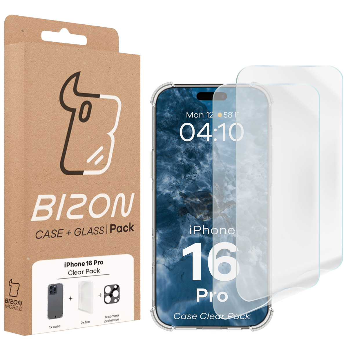 Przód pudełka Bizon Case+Glass z dedykowaną etykietą do iPhone 16 Pro